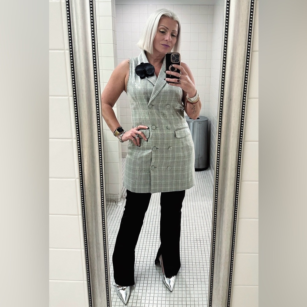 Skies Are Blue Gray Plaid Double-Breasted Vest Dress With Clear Sequins